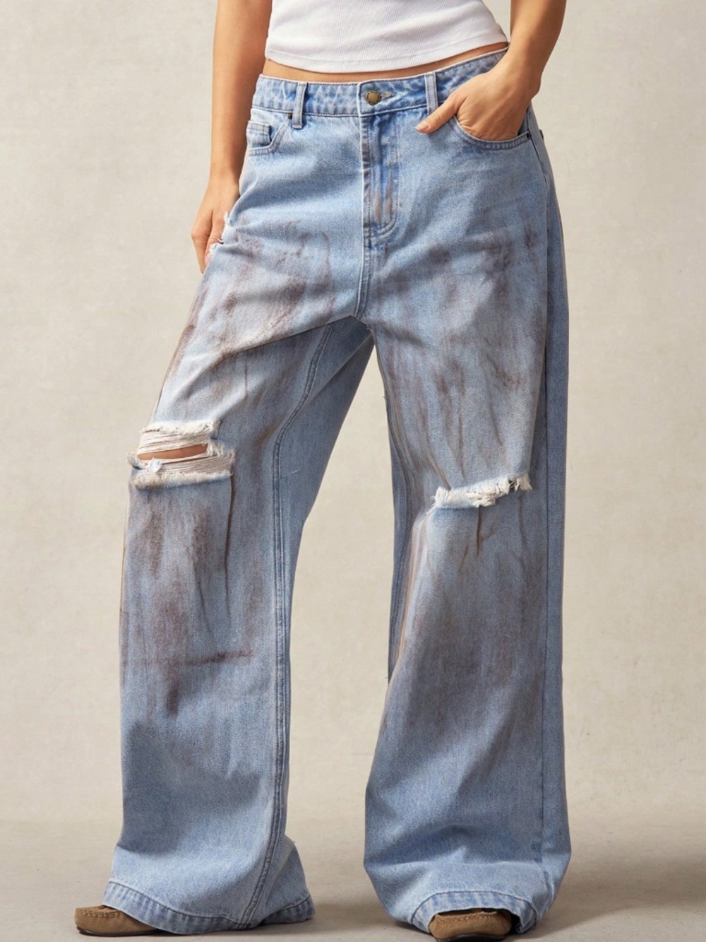 Light Wash Distressed Wide leg Low Waist Denim Jeans pants - Picture 7 of 8
